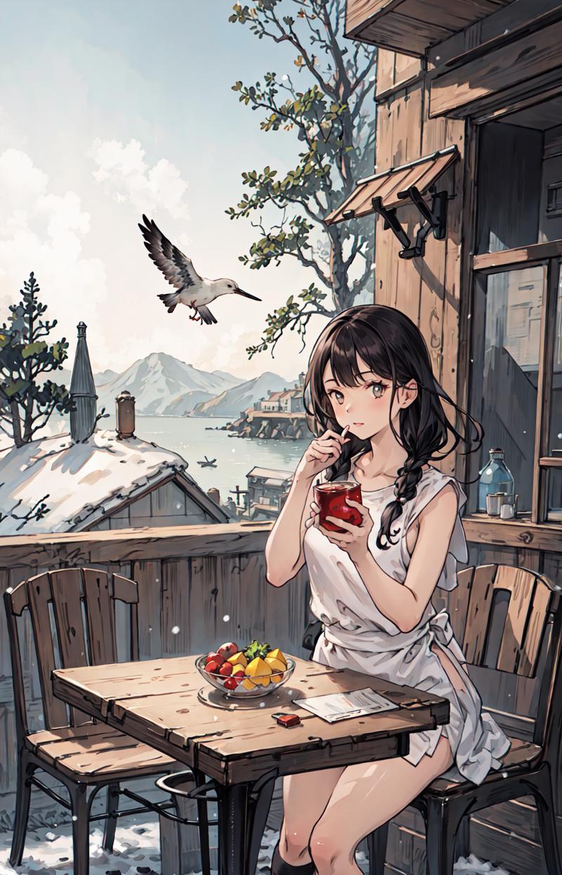 189676-3743639911-best quality, detailed background, girl,sea, cafeteria, bird, snow, winter,.png